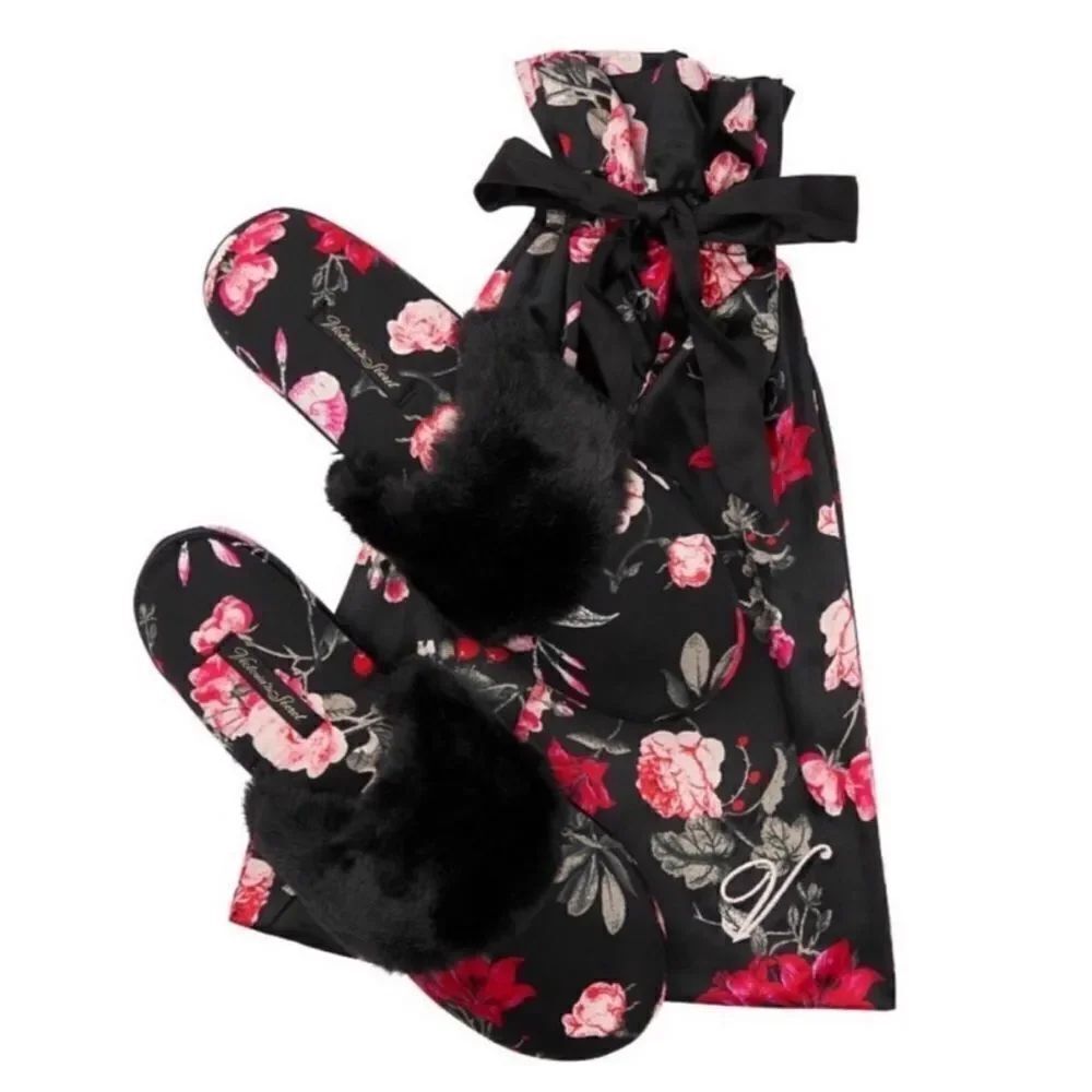 Victoria Secret Satin Floral Faux Fur Slippers with dust bag